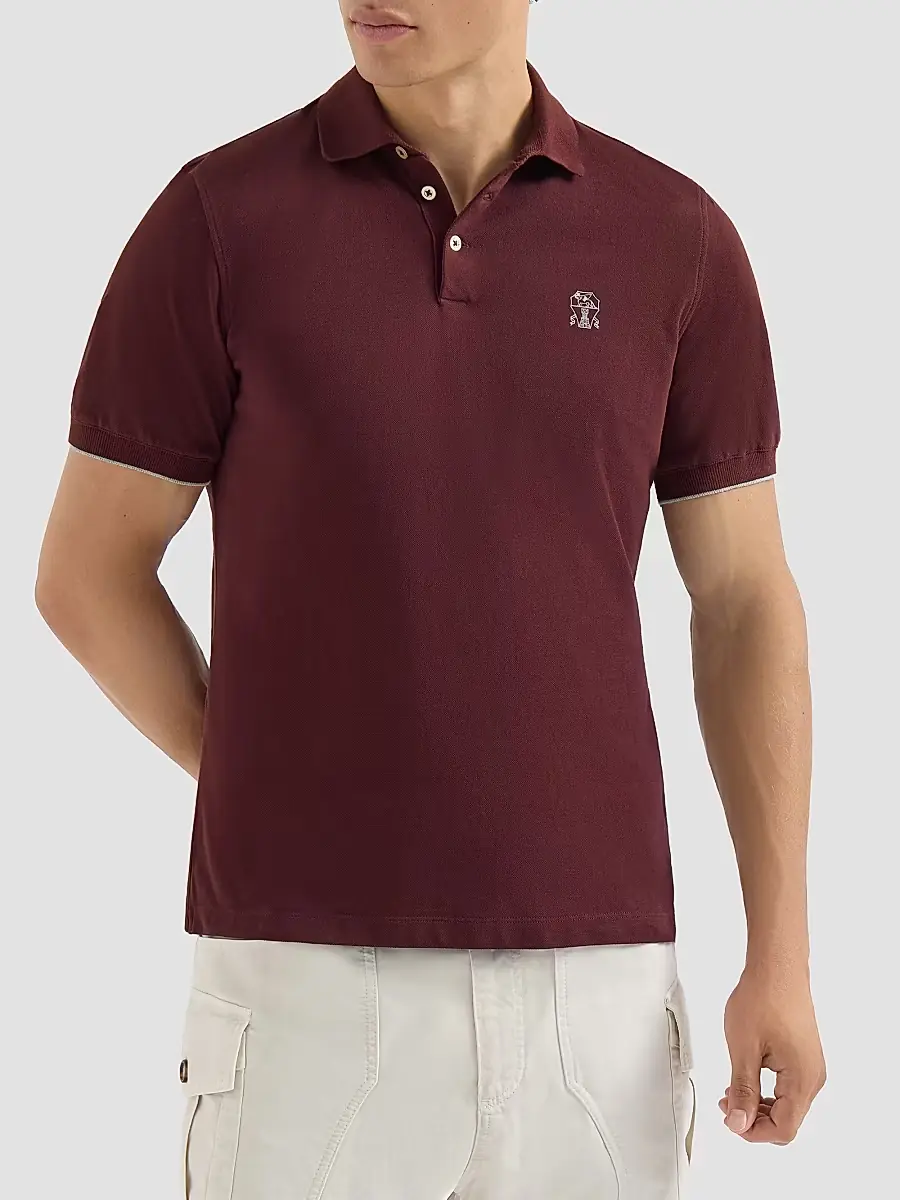 Brunello Cucinelli Men's Cotton Piqué Polo Shirt with Logo - Burgundy | Thumbnail 3 Brunello Cucinelli Men's Cotton Piqué Polo Shirt with Logo - Burgundy | Thumbnail 3