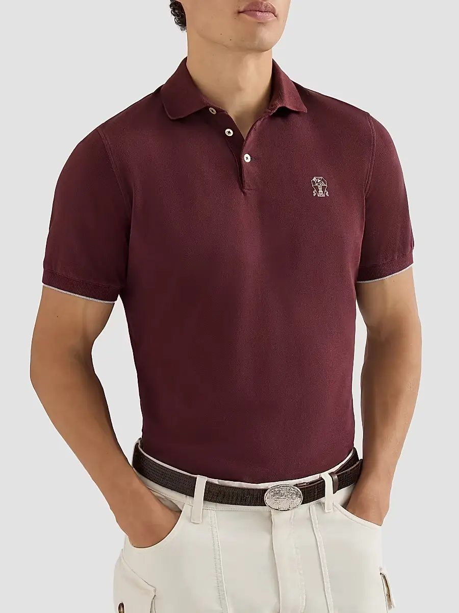 Brunello Cucinelli Men's Cotton Piqué Polo Shirt with Logo - Burgundy | Thumbnail 5 Brunello Cucinelli Men's Cotton Piqué Polo Shirt with Logo - Burgundy | Thumbnail 5