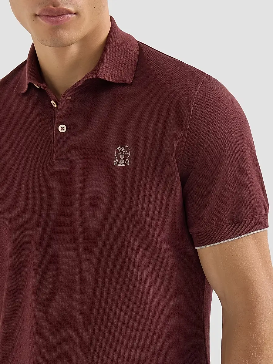 Brunello Cucinelli Men's Cotton Piqué Polo Shirt with Logo - Burgundy | Thumbnail 6 Brunello Cucinelli Men's Cotton Piqué Polo Shirt with Logo - Burgundy | Thumbnail 6