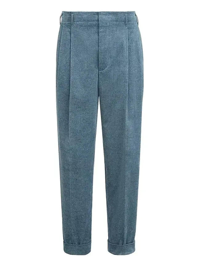 Brunello Cucinelli Men's Denim-Effect Cotton Velvet Trousers with Double Pleats - Cerulean