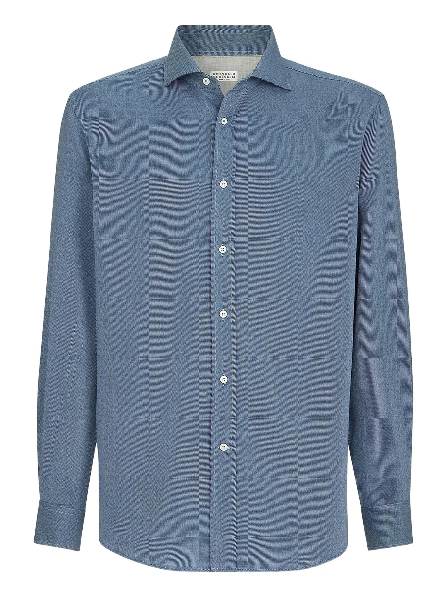 Men's Cotton and Cashmere Denim-Effect Diagonal Shirt