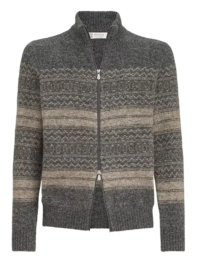 Men's Nordic Jacquard High-Neck Cardigan with Zip - Black Multi