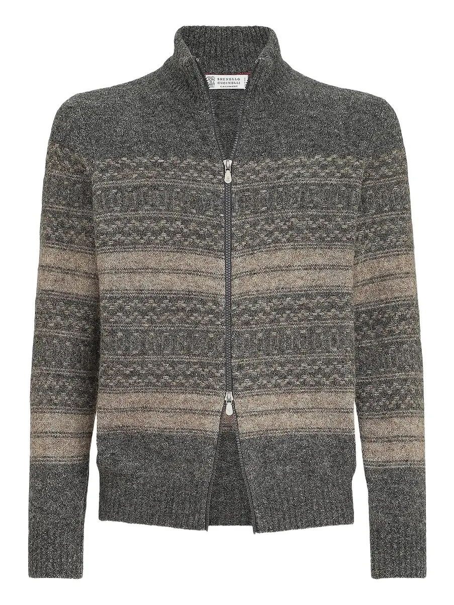 Brunello Cucinelli Men's Nordic Jacquard High-Neck Cardigan with Zip - Black Multi
