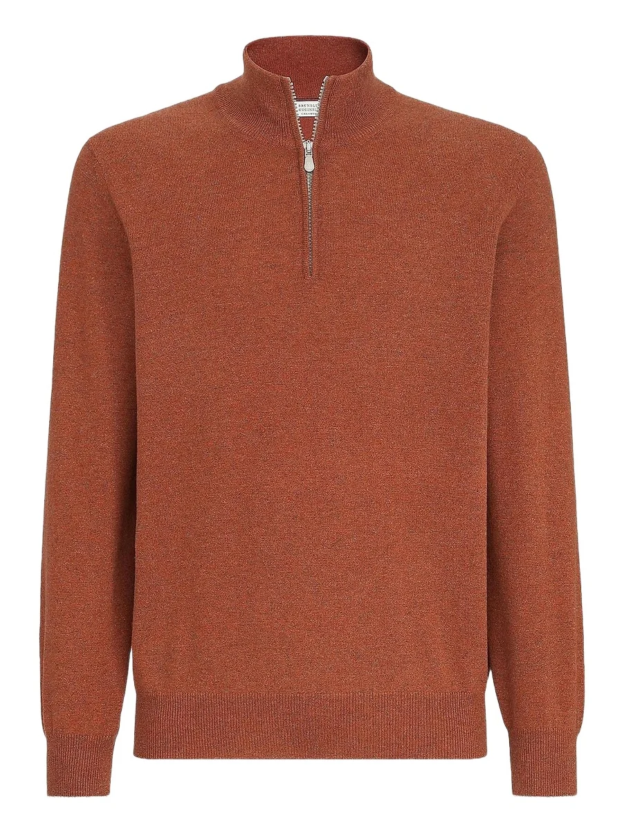 Brunello Cucinelli Men's Mouliné Cashmere Sweater with Half Zip - Orange