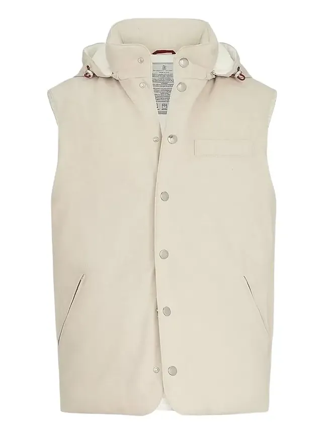 Brunello Cucinelli Men's Bonded Wool Flannel Down Vest with Detachable Hood - Sand