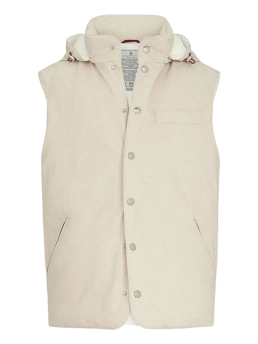 Men's Bonded Wool Flannel Down Vest with Detachable Hood - Sand