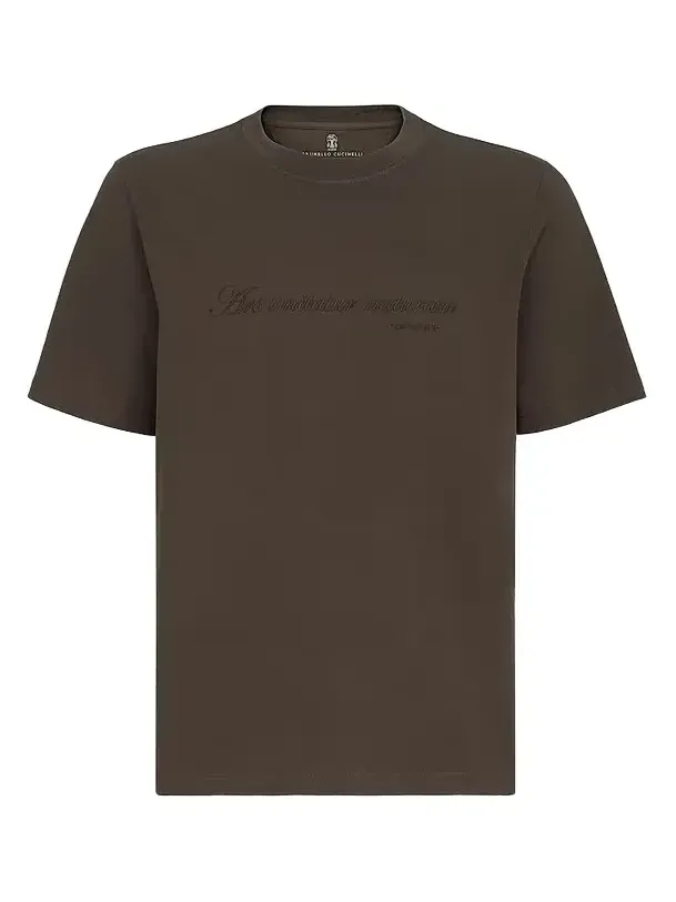 Men's Cotton Jersey Crew-Neck T-Shirt with Embroidery - Brown Men's Cotton Jersey Crew-Neck T-Shirt with Embroidery - Brown