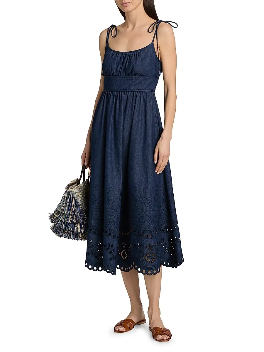 Zimmermann Women's Mahon Broderie Denim Midi-Dress | Thumbnail 3 Zimmermann Women's Mahon Broderie Denim Midi-Dress | Thumbnail 3