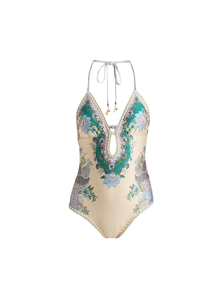 Zimmermann Women's Indra Crochet Detail One-Piece Swimsuit - Cream Scarf Floral - Size 8 | Image 1 Zimmermann Women's Indra Crochet Detail One-Piece Swimsuit - Cream Scarf Floral - Size 8 | Image 1