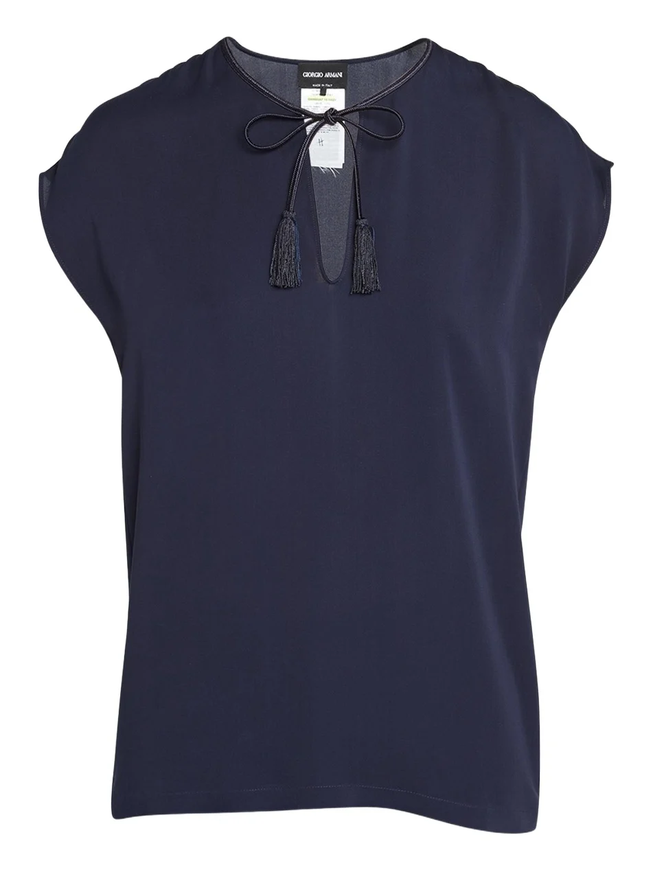 Silk Georgette Blouse with Fringe Tie Neck Detail