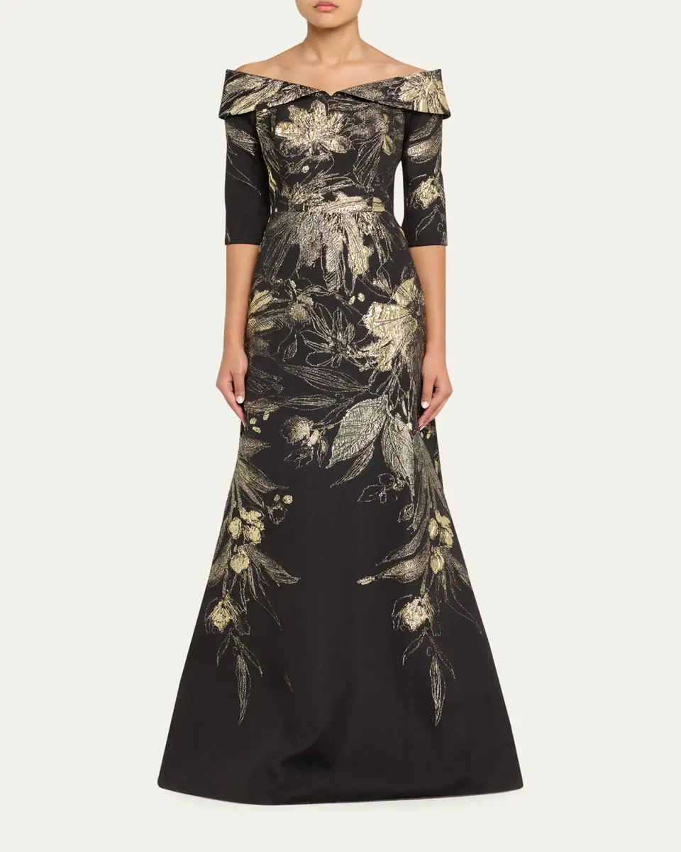 Rickie Freeman for Teri Jon Metallic Jacquard Fold Off-the-Shoulder Gown | Thumbnail 2 Rickie Freeman for Teri Jon Metallic Jacquard Fold Off-the-Shoulder Gown | Thumbnail 2