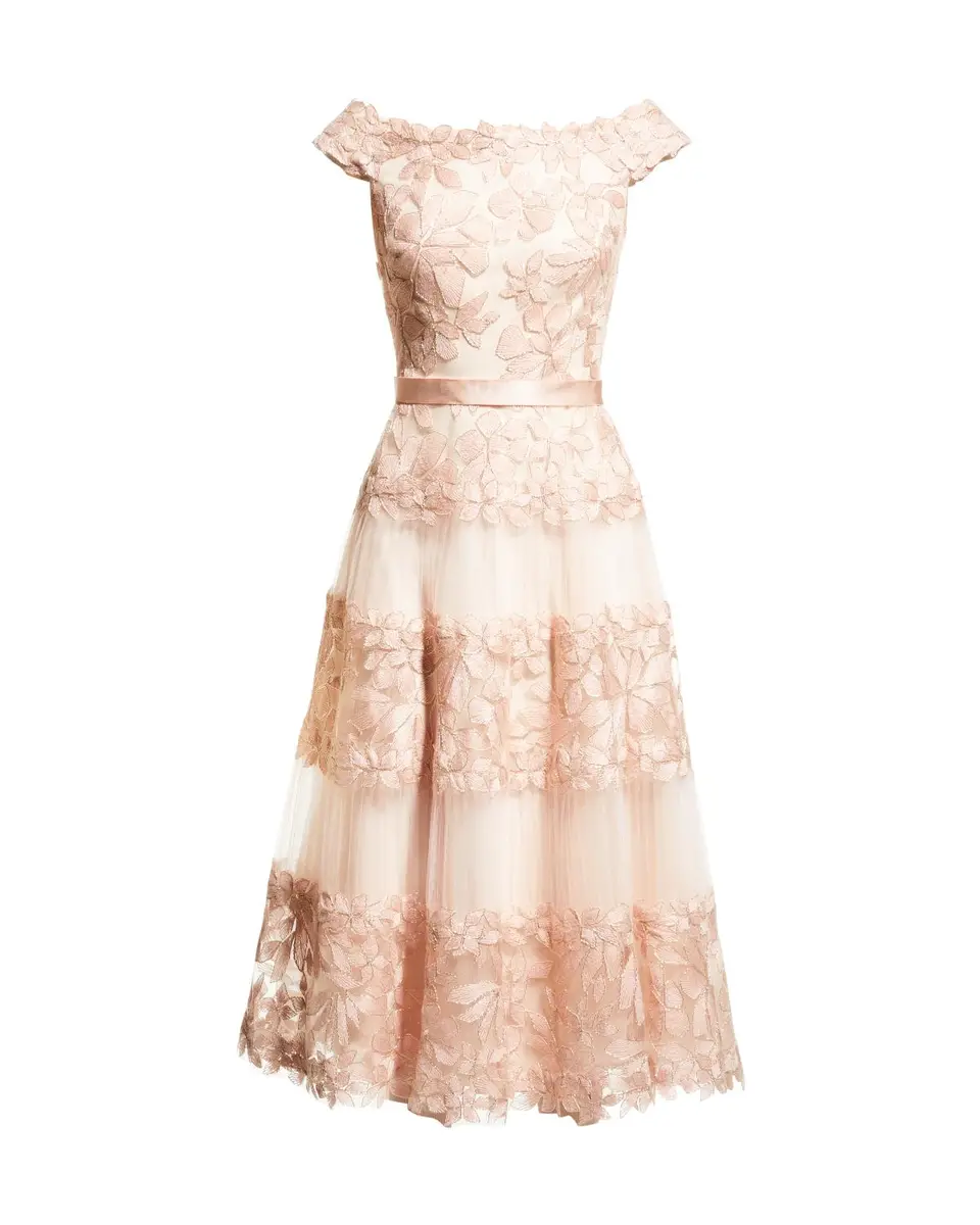 Tadashi Shoji Off-the-Shoulder Cap-Sleeve Lace Midi Dress | Image 1 Tadashi Shoji Off-the-Shoulder Cap-Sleeve Lace Midi Dress | Image 1