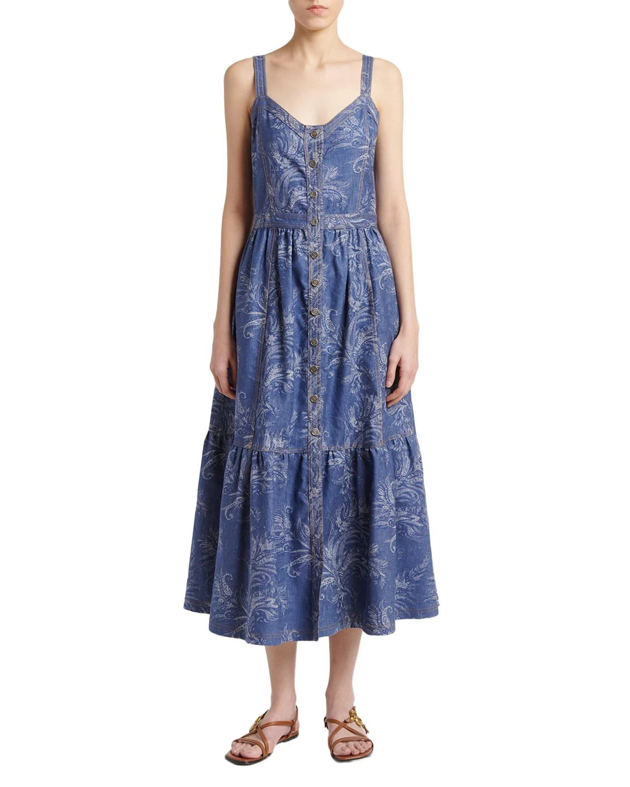 Paisley Denim Jacquard Tiered Button-Front Midi Dress