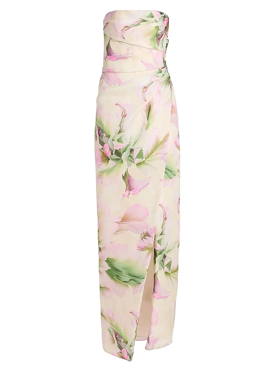 Monique Lhuillier Women's Floral Mikado Strapless Gown - Carnation Multi | Image 1 Monique Lhuillier Women's Floral Mikado Strapless Gown - Carnation Multi | Image 1