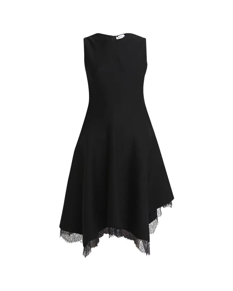 McQueen Asymmetric Lace Hem Sleeveless Midi Dress | Image 1 McQueen Asymmetric Lace Hem Sleeveless Midi Dress | Image 1