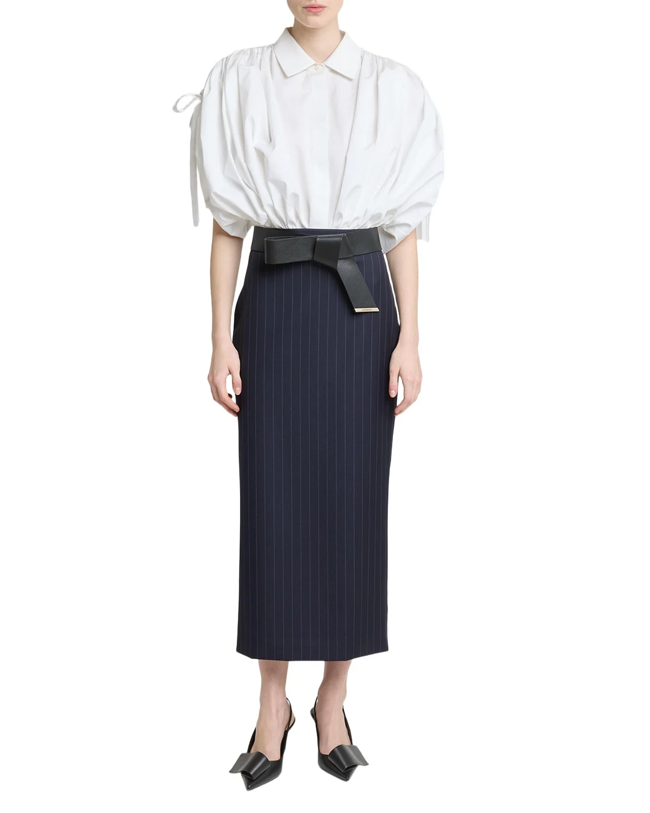 Pinstripe Wool Pencil Midi Skirt Pinstripe Wool Pencil Midi Skirt