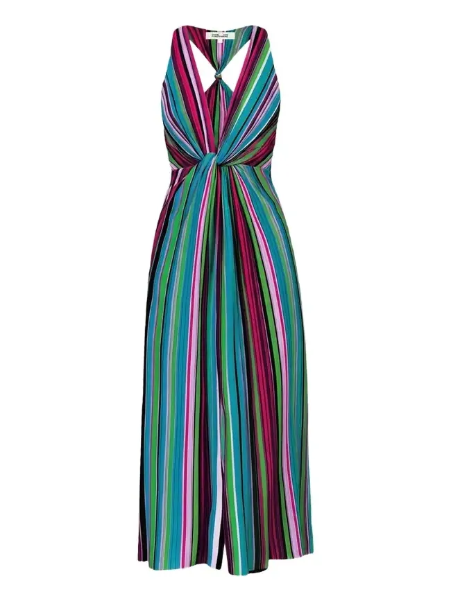 Zella Striped Twist-Front Plunging Midi Dress Zella Striped Twist-Front Plunging Midi Dress