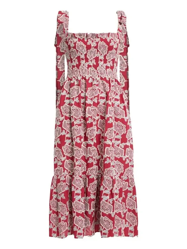 Floral Embroidered Cotton Smocked Sleeveless Midi Dress