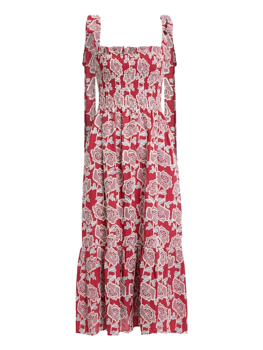 Erdem Floral Embroidered Cotton Smocked Sleeveless Midi Dress
