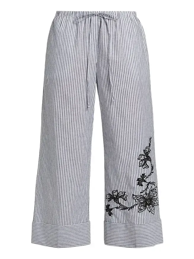 Callie Embroidered Striped Wide-Leg Pants