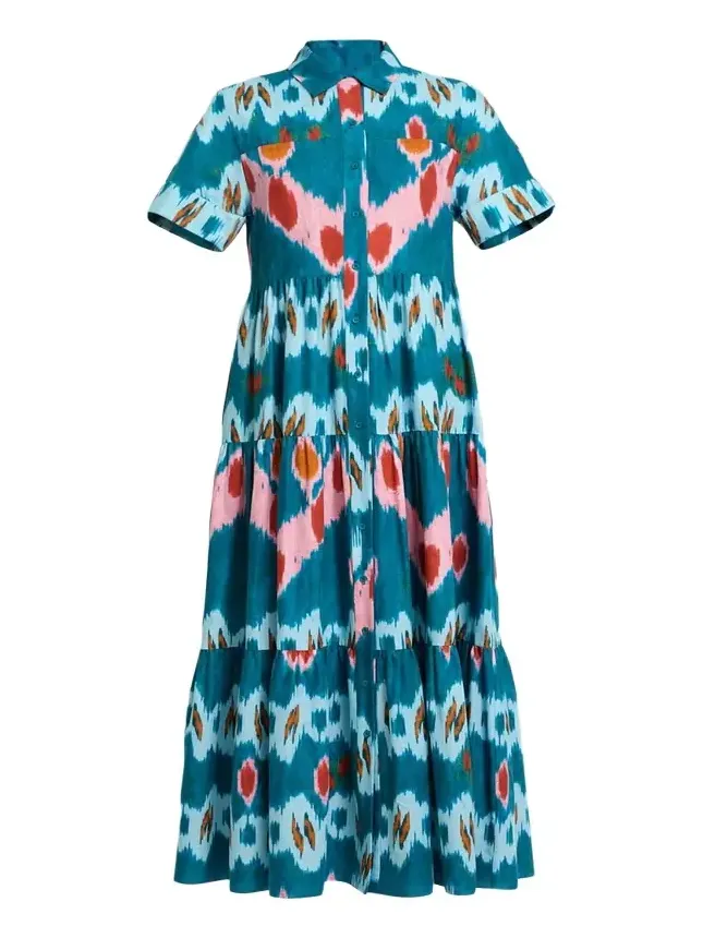 Abstract-Print Cotton Tiered Midi Shirtdress Abstract-Print Cotton Tiered Midi Shirtdress