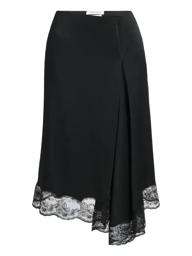 Asymmetric Lace-Trim Satin Midi Skirt Asymmetric Lace-Trim Satin Midi Skirt
