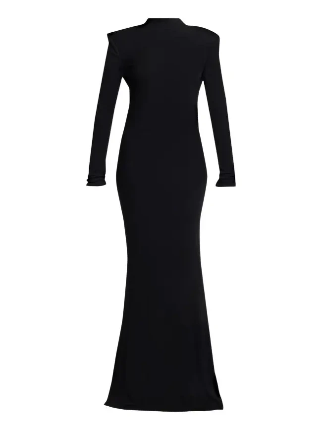 Mock-Neck Strong-Shoulder Cutout Gown Mock-Neck Strong-Shoulder Cutout Gown