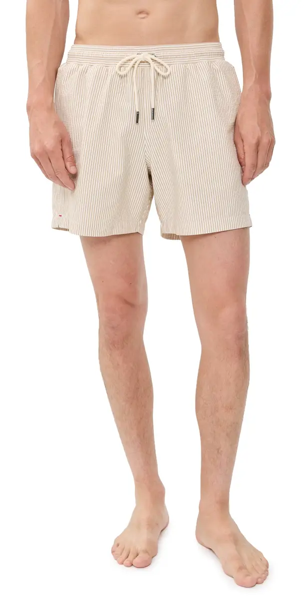 Orlebar Brown Boxer III Seersucker Stripe Swim Trunks Walnut | Image 1 Orlebar Brown Boxer III Seersucker Stripe Swim Trunks Walnut | Image 1