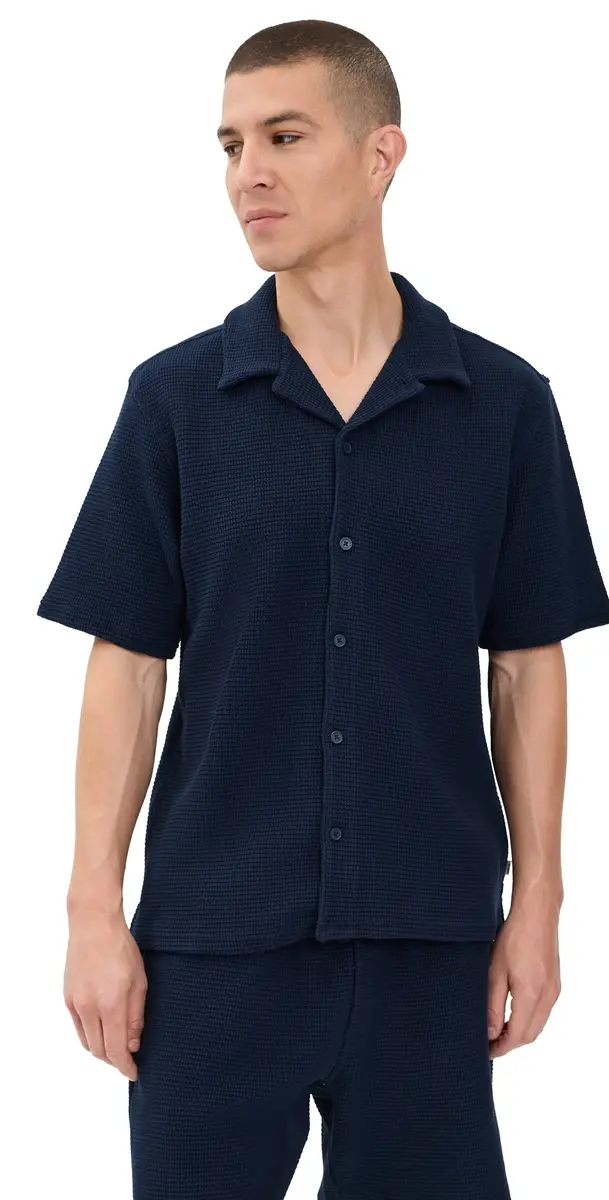 Wax London Clayland Textured Interlock Shirt Navy | Image 1 Wax London Clayland Textured Interlock Shirt Navy | Image 1