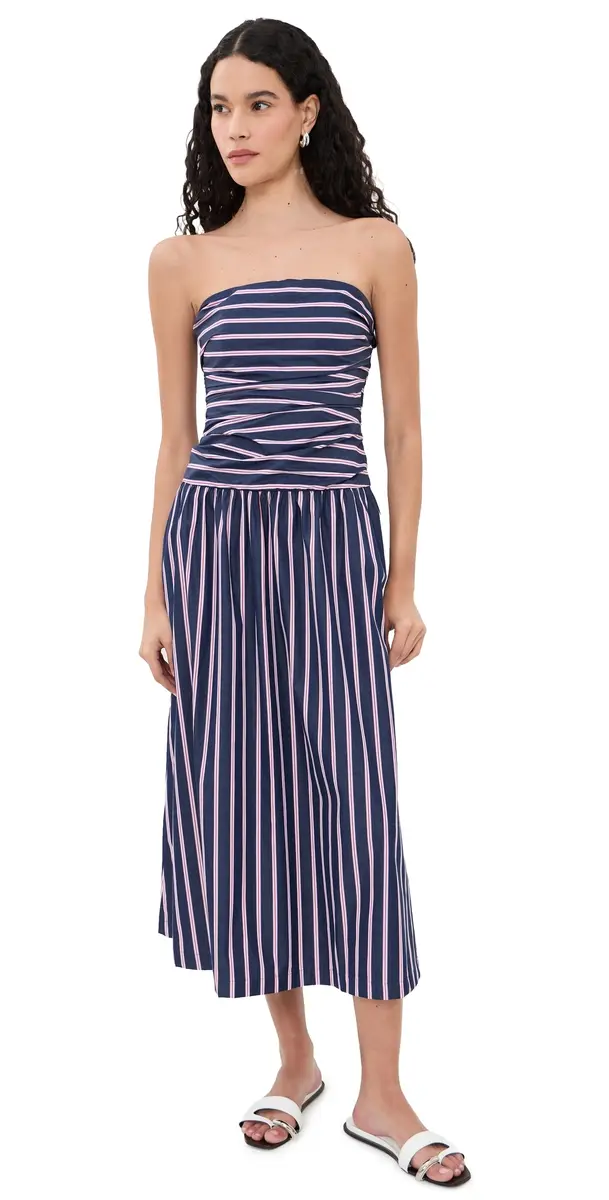 Madewell Strapless Ruched Midi Dress Classic Indigo Multi Stripe | Image 1 Madewell Strapless Ruched Midi Dress Classic Indigo Multi Stripe | Image 1