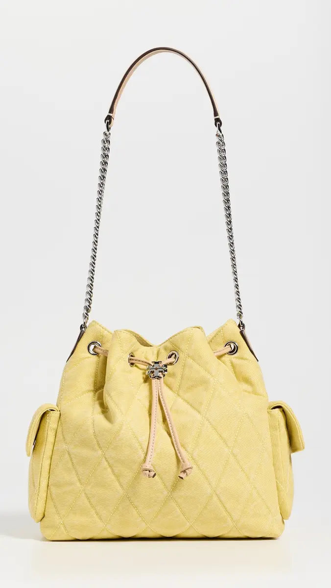 Tory Burch Charlie Quilted Denim Drawstring Shoulder Bag Yellow One Size | Thumbnail 2 Tory Burch Charlie Quilted Denim Drawstring Shoulder Bag Yellow One Size | Thumbnail 2
