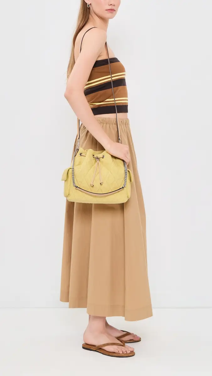 Tory Burch Charlie Quilted Denim Drawstring Shoulder Bag Yellow One Size | Thumbnail 3 Tory Burch Charlie Quilted Denim Drawstring Shoulder Bag Yellow One Size | Thumbnail 3