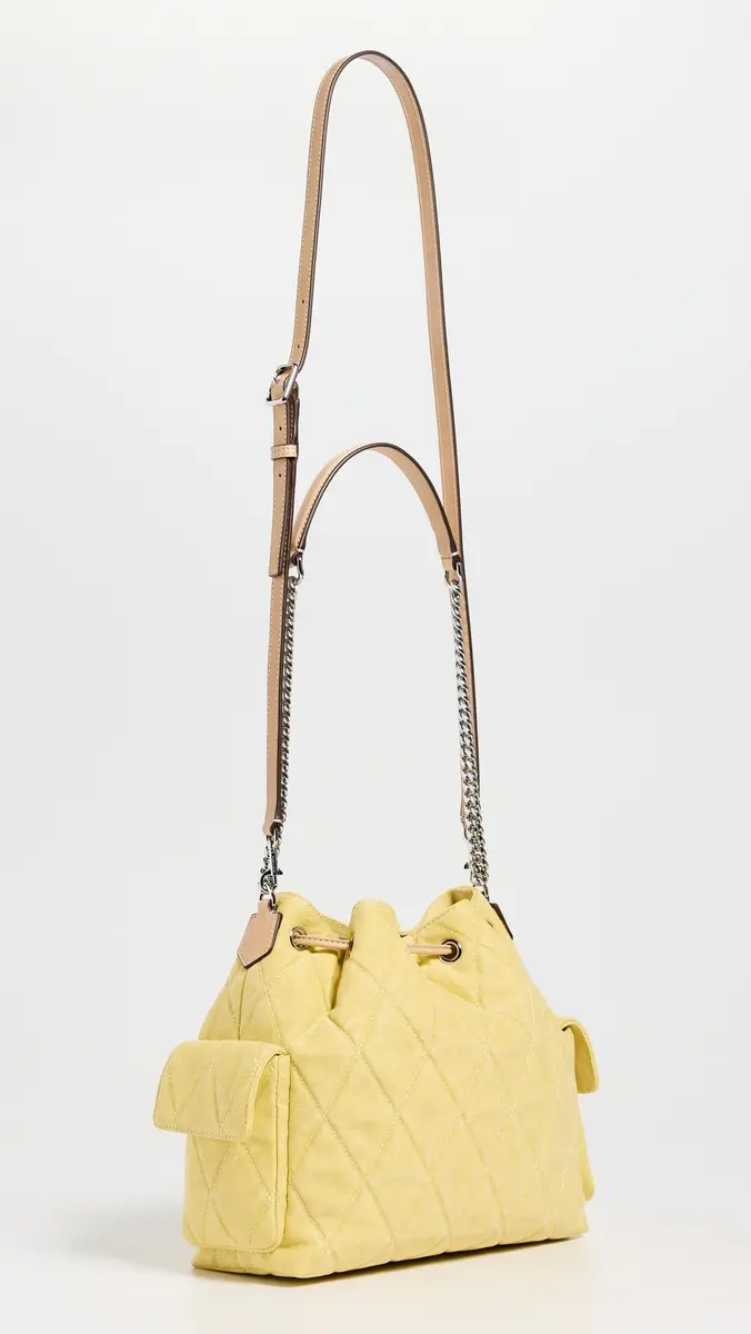 Tory Burch Charlie Quilted Denim Drawstring Shoulder Bag Yellow One Size | Thumbnail 4 Tory Burch Charlie Quilted Denim Drawstring Shoulder Bag Yellow One Size | Thumbnail 4