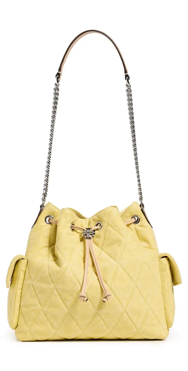 Tory Burch Charlie Quilted Denim Drawstring Shoulder Bag Yellow One Size | Image 1 Tory Burch Charlie Quilted Denim Drawstring Shoulder Bag Yellow One Size | Image 1