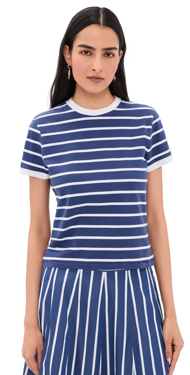 Madewell The Perfect Crewneck Baby Tee in Allday Jersey Matte tripe Cool Navy | Image 1 Madewell The Perfect Crewneck Baby Tee in Allday Jersey Matte tripe Cool Navy | Image 1