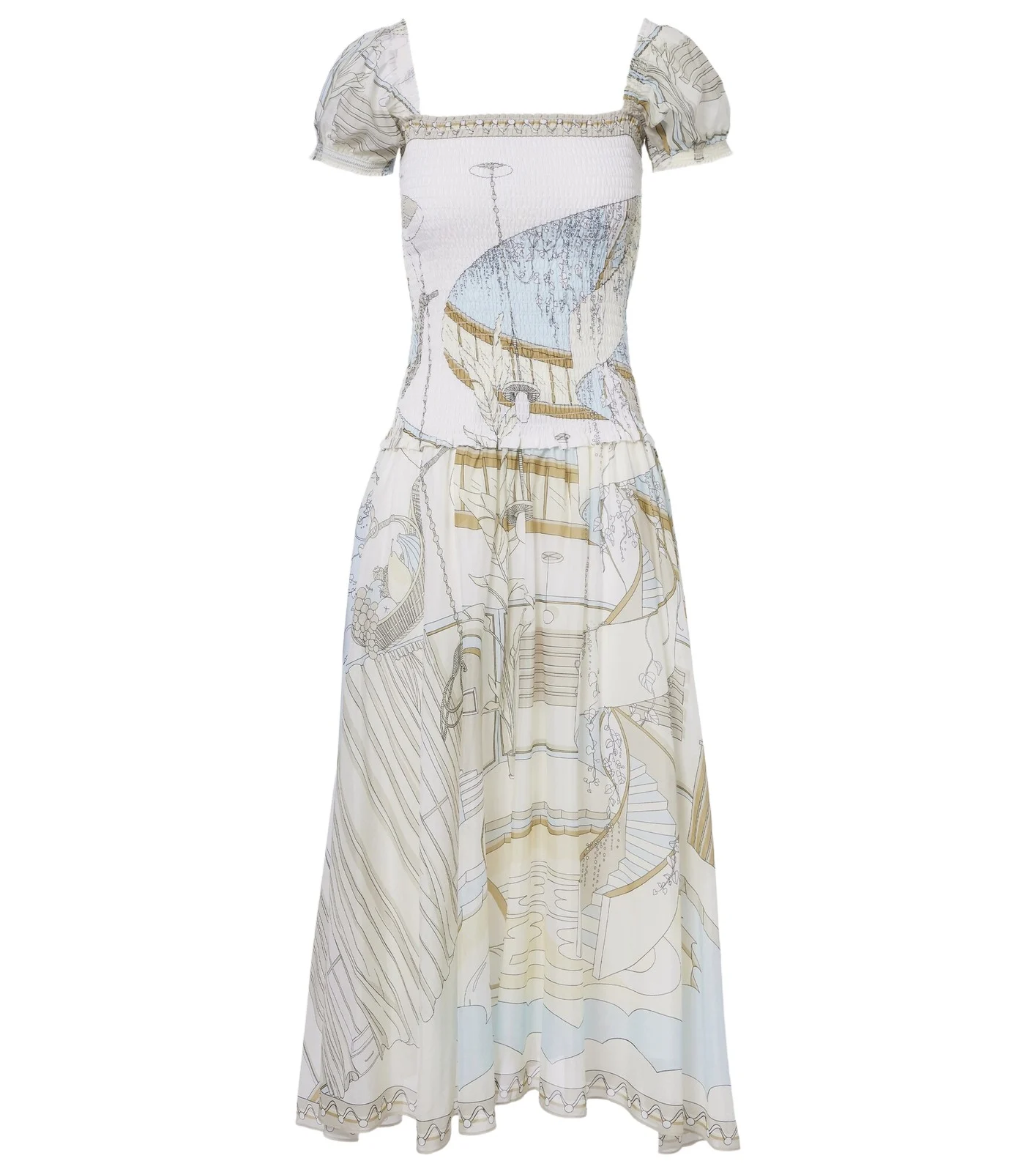 Printed shirred silk and cotton midi dress Printed shirred silk and cotton midi dress