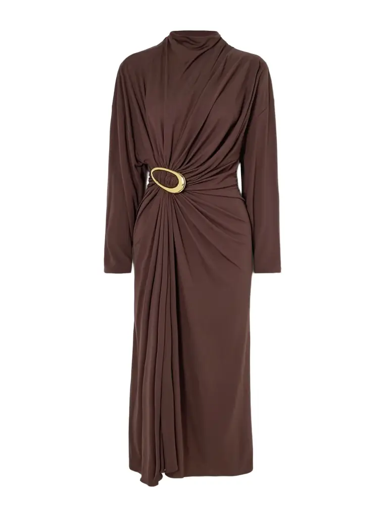 Bottega Veneta Gathered Embellished Crepe-jersey Midi Dress | Image 1 Bottega Veneta Gathered Embellished Crepe-jersey Midi Dress | Image 1