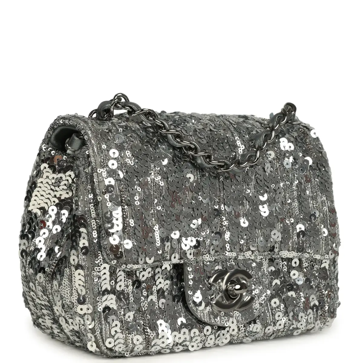 Chanel Chanel Mini Classic Square Flap Bag Metallic Silver Sequins Ruthenium Hardware | Thumbnail 2 Chanel Chanel Mini Classic Square Flap Bag Metallic Silver Sequins Ruthenium Hardware | Thumbnail 2