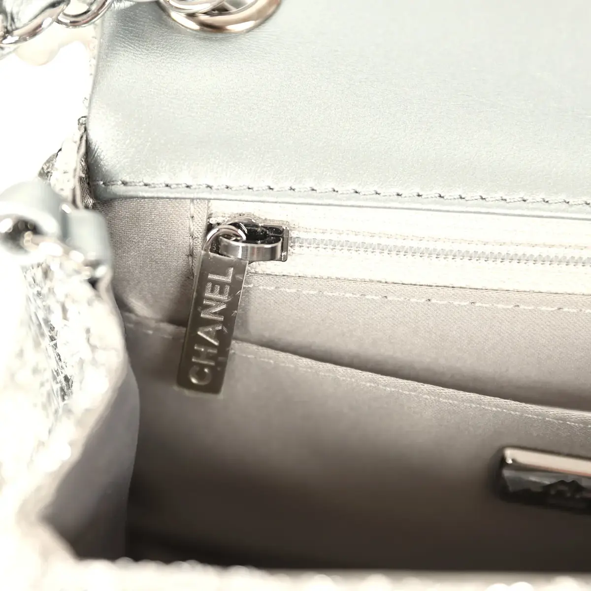 Chanel Chanel Mini Classic Square Flap Bag Metallic Silver Sequins Ruthenium Hardware | Thumbnail 10 Chanel Chanel Mini Classic Square Flap Bag Metallic Silver Sequins Ruthenium Hardware | Thumbnail 10
