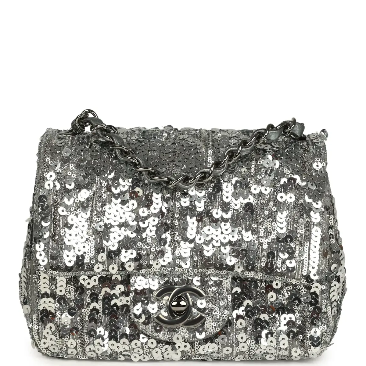 Chanel Chanel Mini Classic Square Flap Bag Metallic Silver Sequins Ruthenium Hardware | Image 1 Chanel Chanel Mini Classic Square Flap Bag Metallic Silver Sequins Ruthenium Hardware | Image 1
