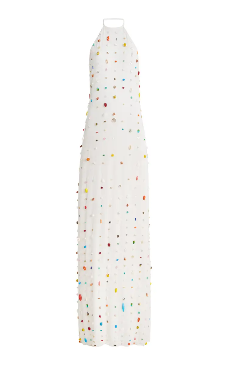 BERNADETTE Exclusive Francine Embroidered Crepe Maxi Halter Dress