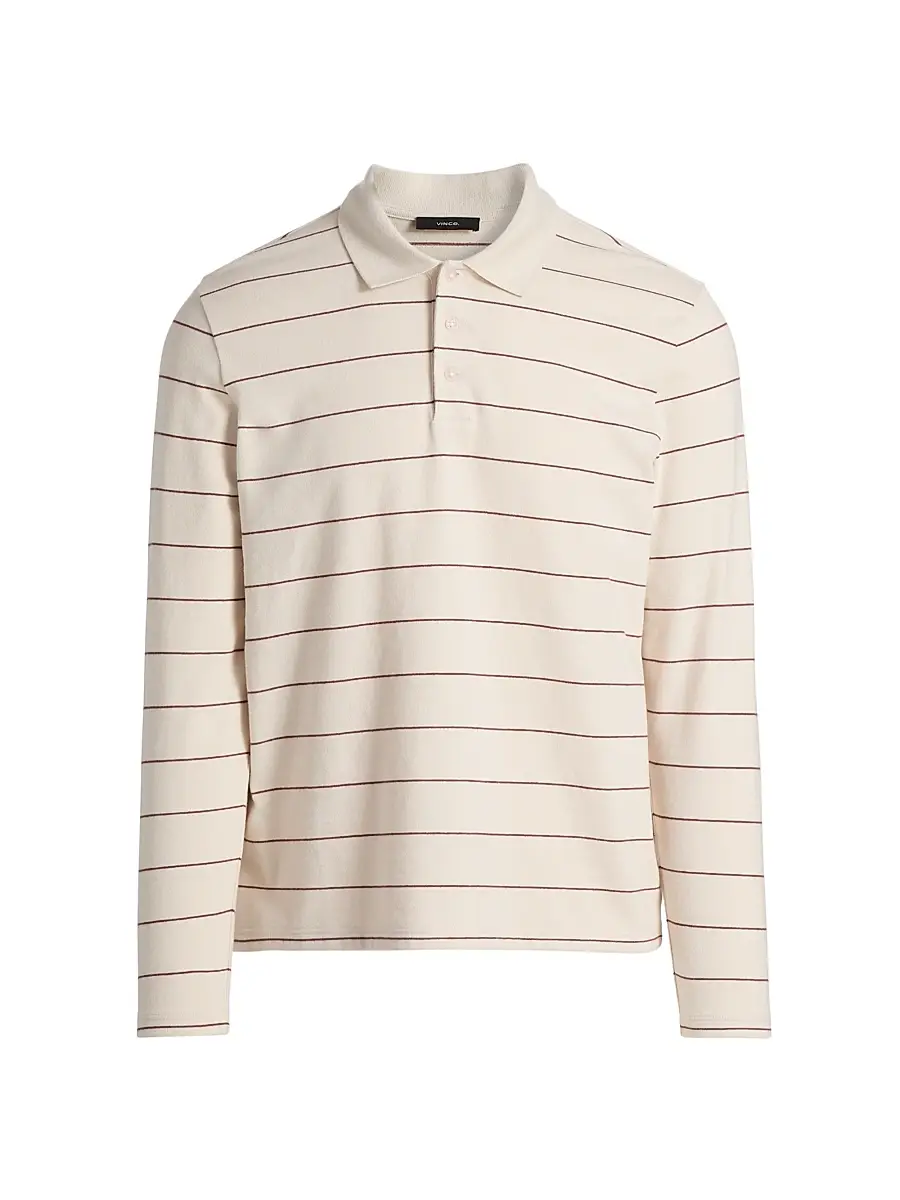Vince Men's Striped Long-Sleeve Polo Shirt - Smock White Deep Satin - Size XXL | Image 1 Vince Men's Striped Long-Sleeve Polo Shirt - Smock White Deep Satin - Size XXL | Image 1