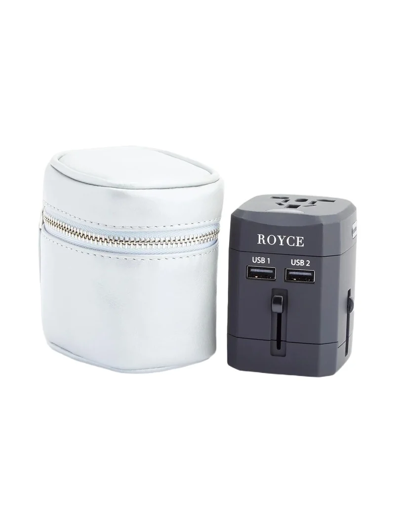 Royce New York Travel Adapter & Leather Case - Silver