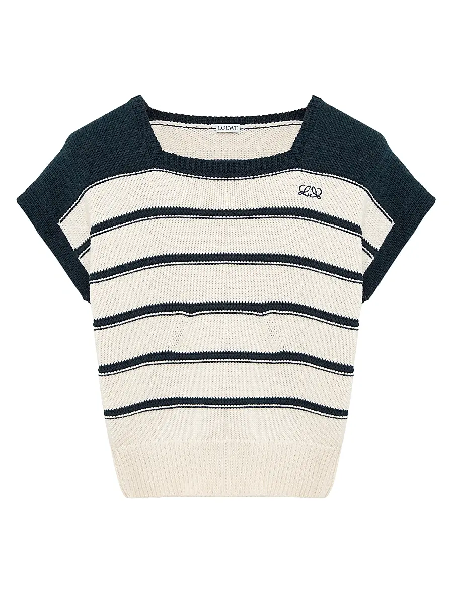 LOEWE Women's Striped Cotton-Blend Short-Sleeve Sweater - White Navy Blue | Image 1 LOEWE Women's Striped Cotton-Blend Short-Sleeve Sweater - White Navy Blue | Image 1