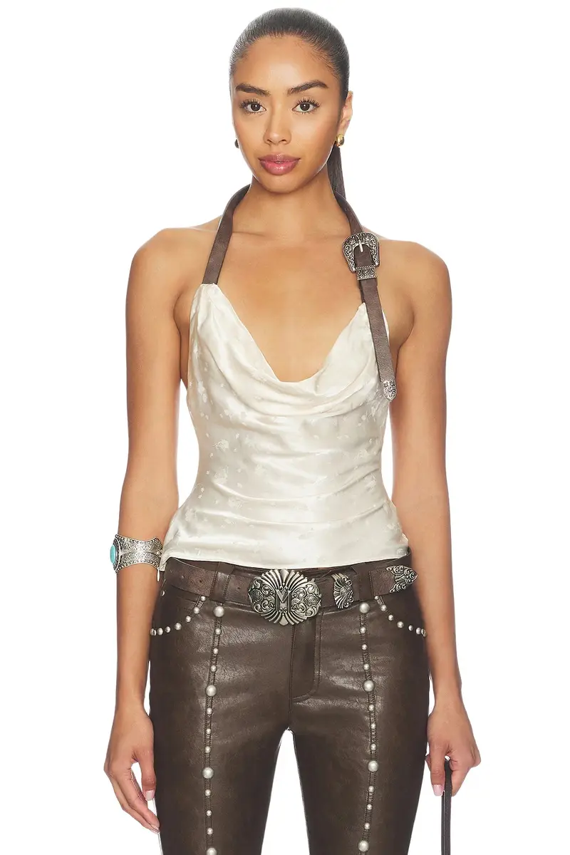 Markgong Metal Buckle Halter Cowl Neck Top