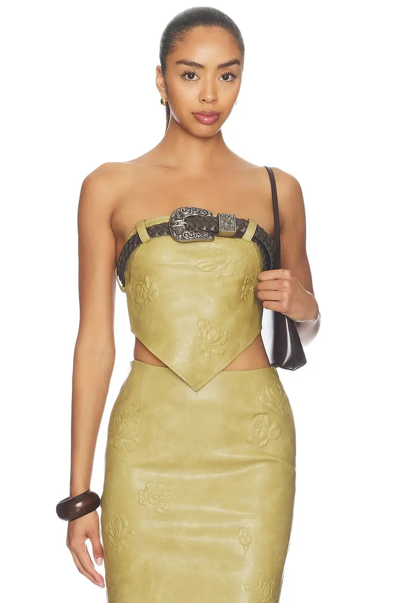 Markgong Dust Faux Leather Floral Imprinted Tube Top With Detachable Belt
