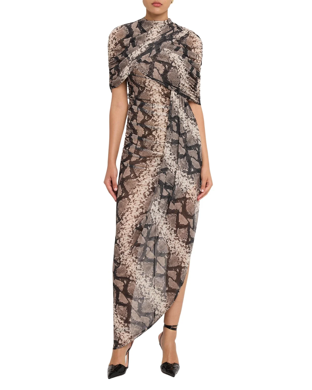 Snakeskin-Print Mesh Draped Capelet Maxi Dress
