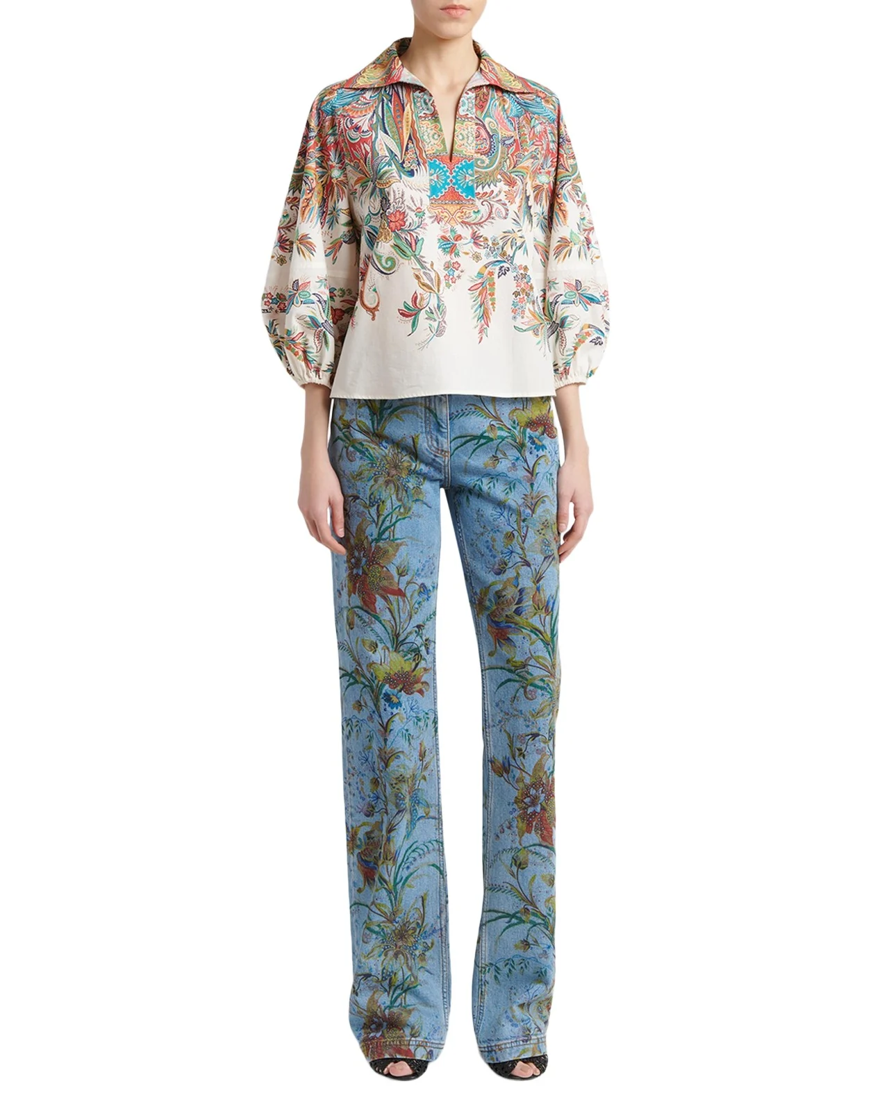 Paisley-Print Balloon-Sleeve Collared Shirt Paisley-Print Balloon-Sleeve Collared Shirt