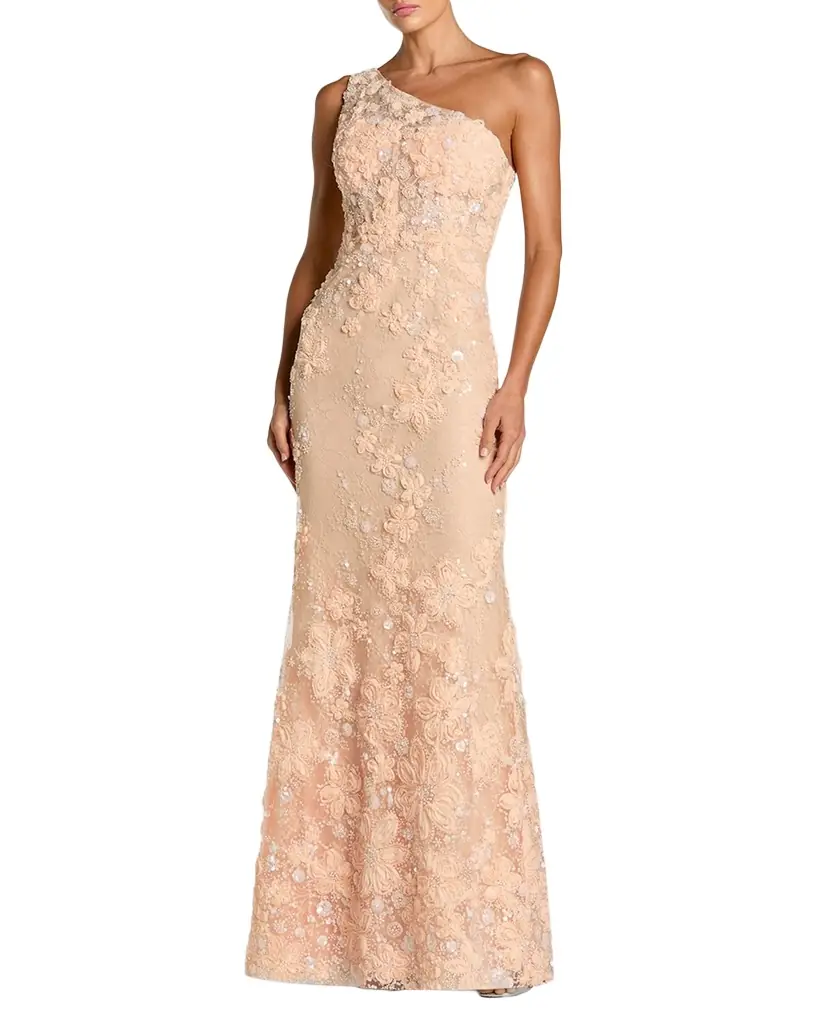 Floral Embroidered One-Shoulder Column Gown