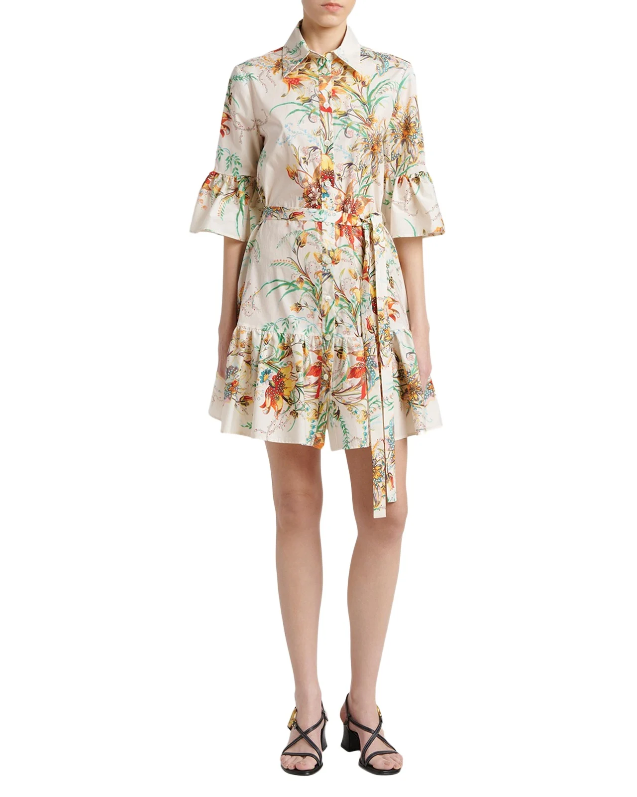 Floral-Print Cotton Ruffle-Sleeve Mini Shirtdress